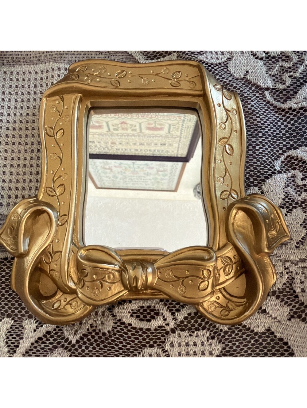 Vintage Home Interior 6" Gold Plastic Ribbon Framed Mirror USA Hang Or Stand